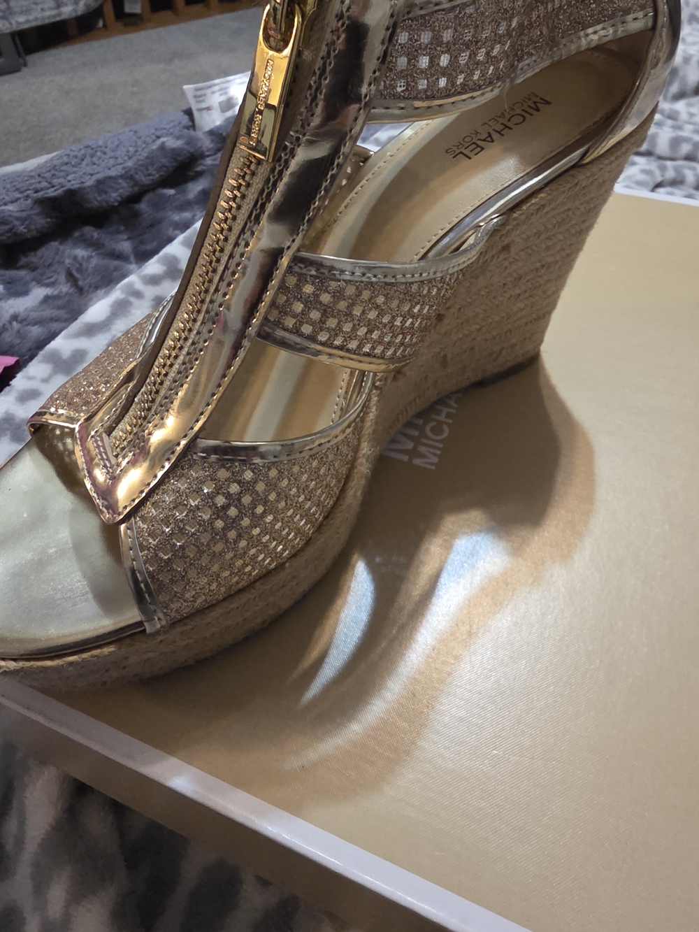 Michael Kors Damita Gold Metallic Espadrille Wedge Sandals - Picture 8 of 12